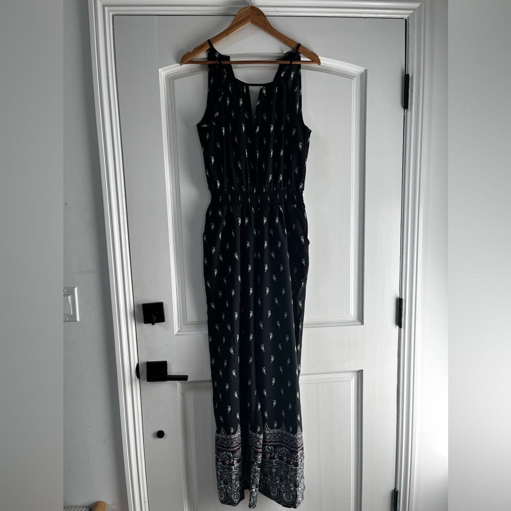 Black Jumpsuit Romper with White Boho Print and pockets